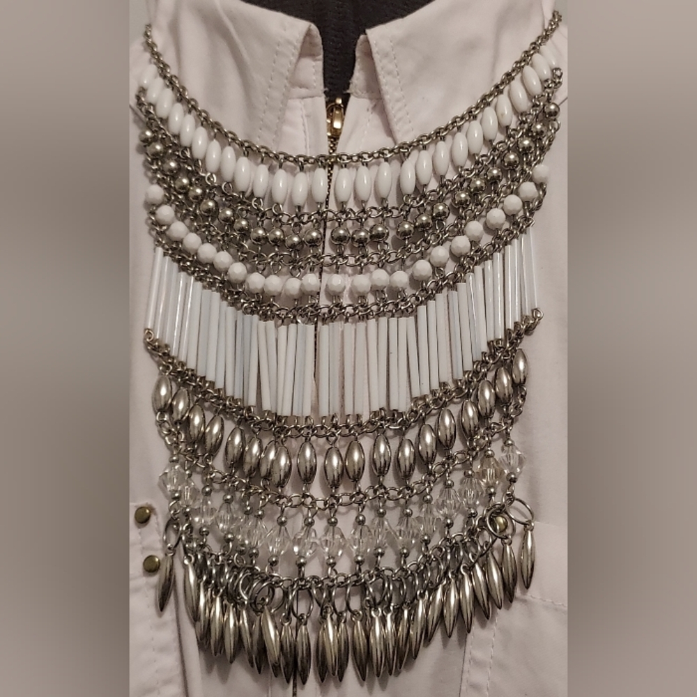 Silver-tone Bohemian Bib Statement Necklace Multi-layered Faux Pearl/Crystals